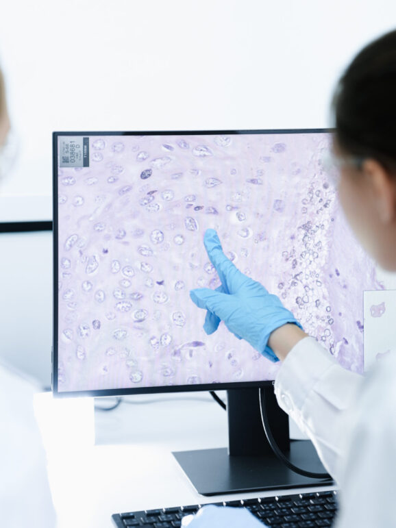 A pharmaceutical Quality Control QC team ensures GxP compliance. Two scientists review an electronic batch record on a tablet while a third performs a required analytical test.